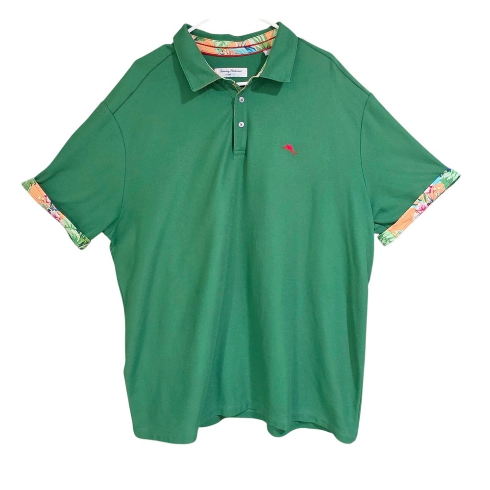 Tommy Bahama Polo Shirt Mens XXL Green  IslandZone Floral Trim Pique‎